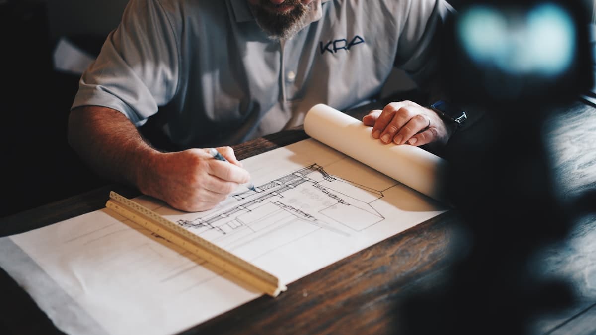 Architect working on construction drawings with a ruler and pen