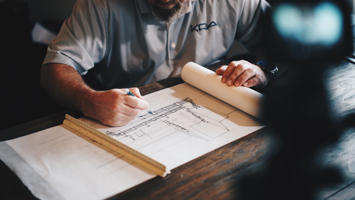 Architect working on construction drawings with a ruler and pen